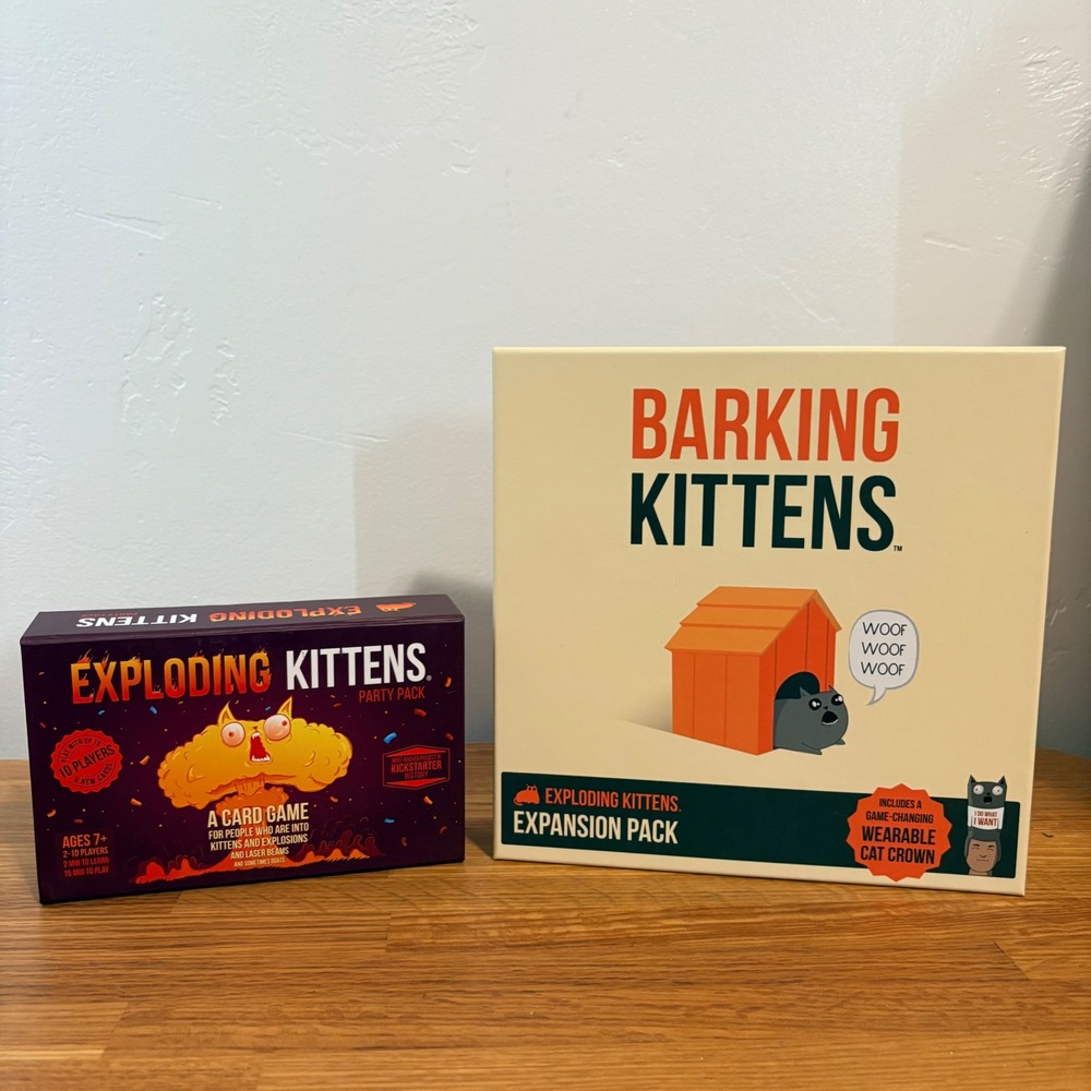 Exploding Kittens Card Game Party Pack and Barking Kittens Expansion Pack Bundle